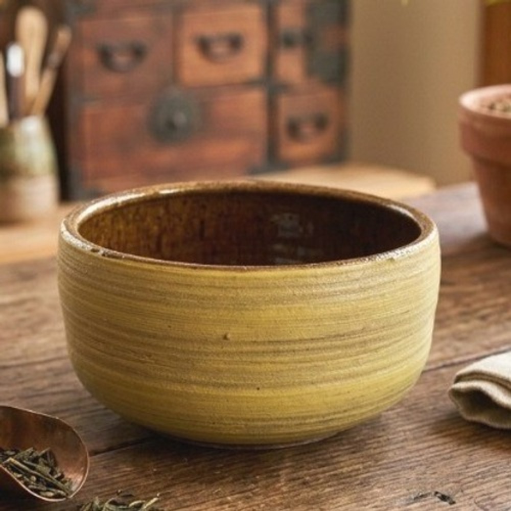 Studio Pottery Hand Thrown Ceramic‎ Bowl Chartreuse Yellow Brown Glaze Signed